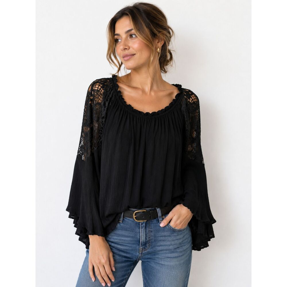 Umgee Black Boho Lace Blouse Ruffle Bell Sleeve Tunic Top Medium
